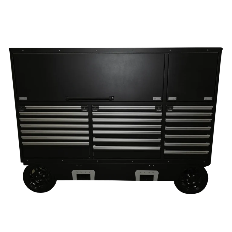 Black tool chest with wheels.