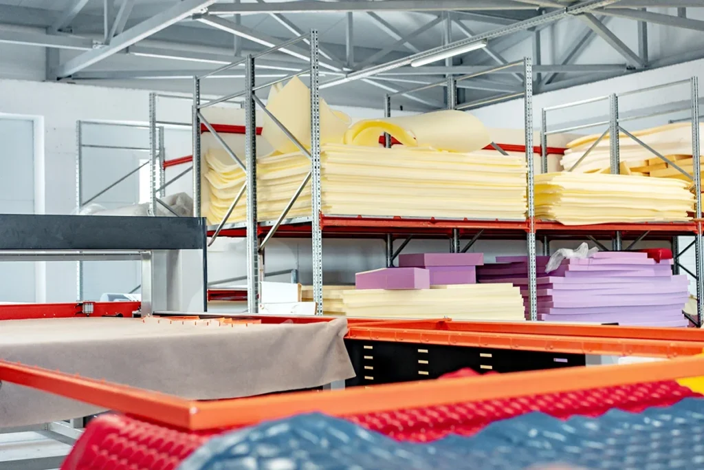 Foam sheets on warehouse shelves.