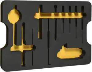 Angled shot of empty tool drawer standing up